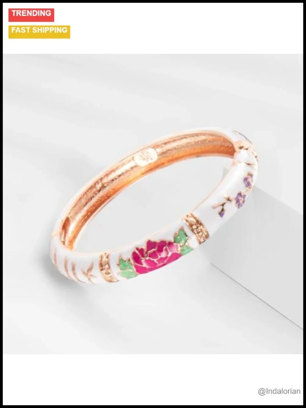 Cloisonne Enamel Cuff Bangle Bracelet Set Gold Plated Spring Hinge Floral